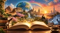 Original editorial illustration representing the novel as a global literary form through a desert, rainbow, open book, human imagination and the AI era.