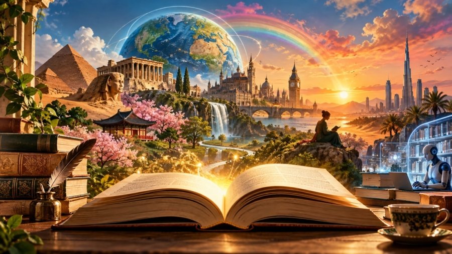 Original editorial illustration representing the novel as a global literary form through a desert, rainbow, open book, human imagination and the AI era.