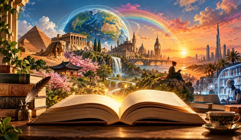 Original editorial illustration representing the novel as a global literary form through a desert, rainbow, open book, human imagination and the AI era.